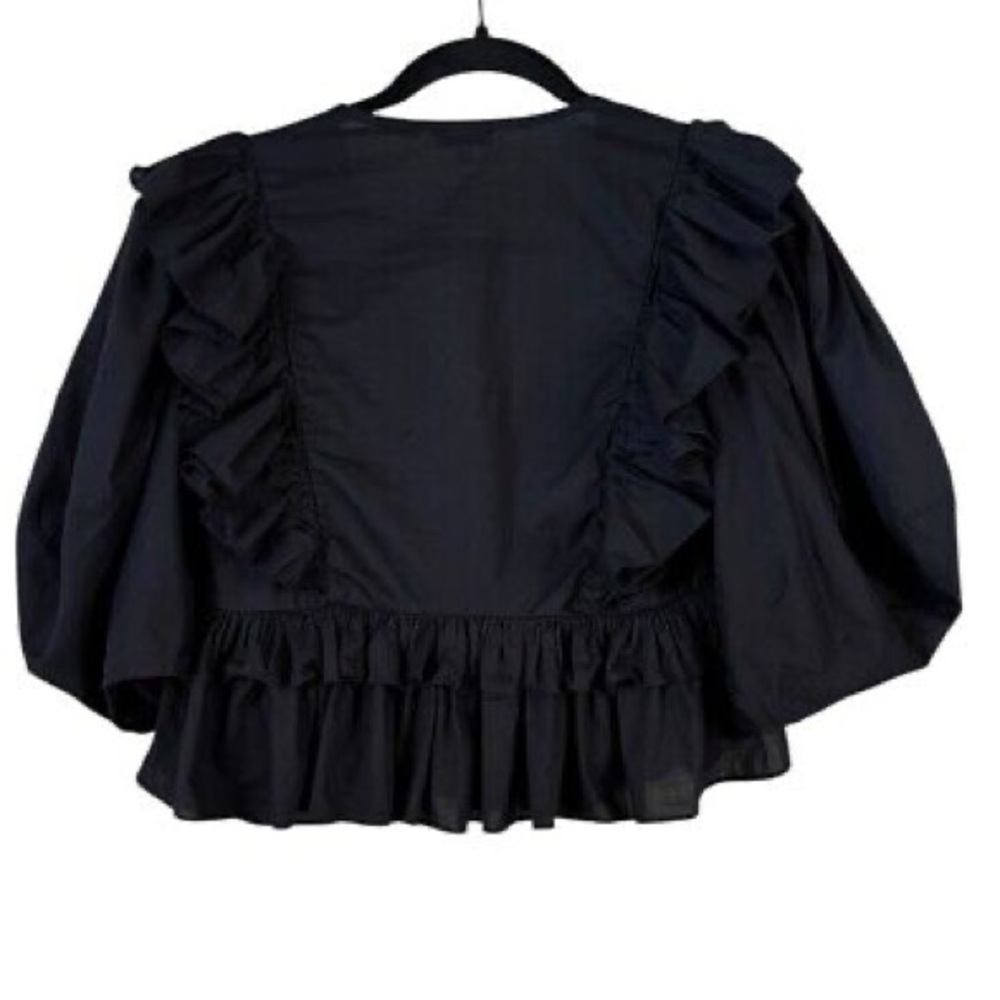 RHODE Eloise Blouse Black Cotton Puff Sleeve Ruffled Top EUC size M - Picture 3 of 10
